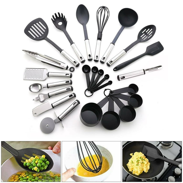 JoyTable Stainless Steel Cooking Utensil Set, Non-Stick Cookware Set, 24pc  Heat Resistant Nylon Kitchen Accessories, Black