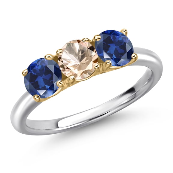 Gem Stone King 10K Two Tone Gold Peach Morganite and Blue Created Sapphire Engagement Ring for Women | 1.60 Cttw | Round 5MM | Gemstone October Birthstone | Size 8