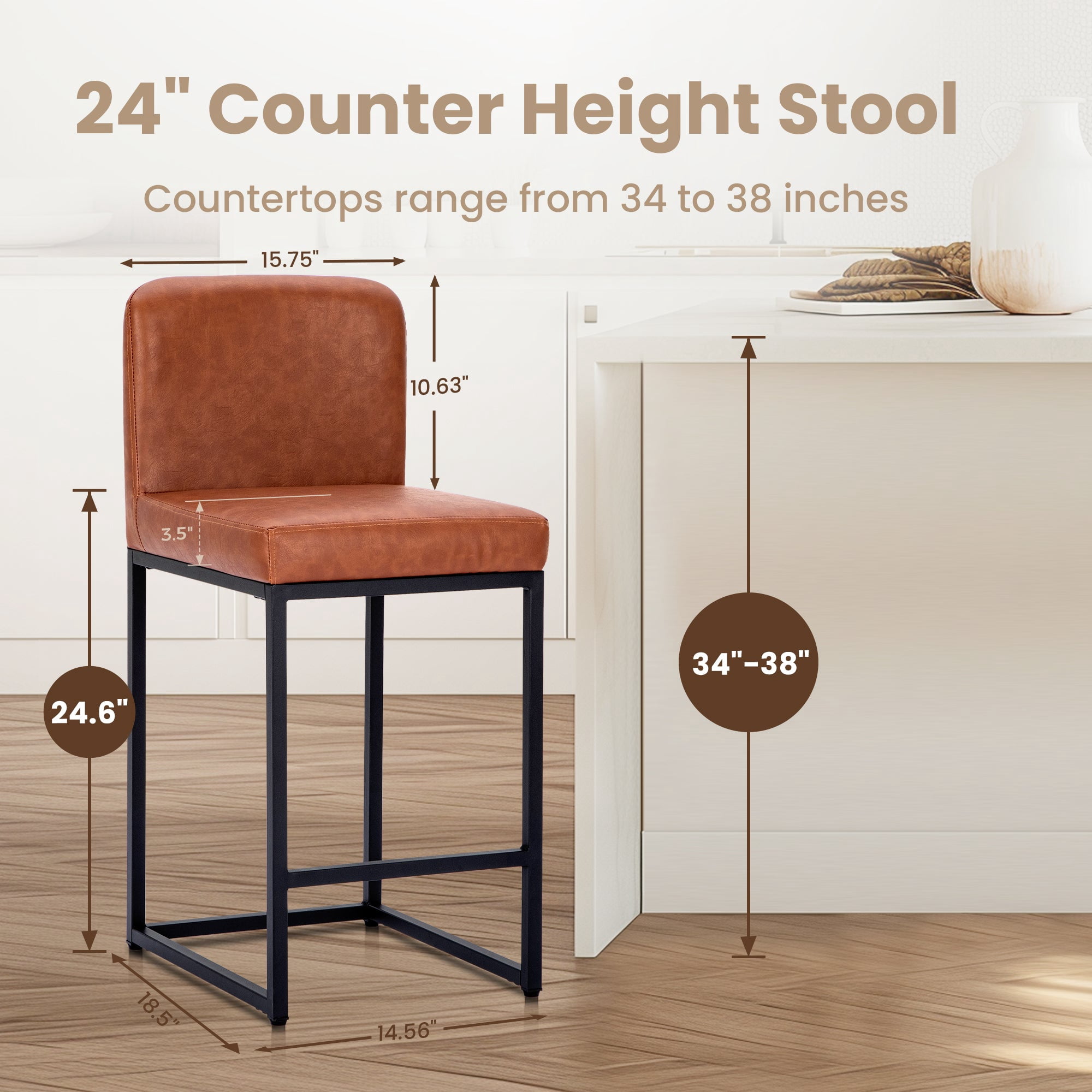 Sophia & William 24.6" Bar Stools Set of 4 PU Leather Counter Height Bar Stools with Back Modern Counter Height Chair for Kitchen Island, Brown