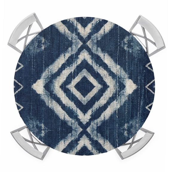 Navy Blue Round Tablecloth for 36-44 Inch Tables,Fitted Table Cover with Elastic Edge,Vintage Tribal Abstract Geometric Tie Dye Art Waterproof Outdoor Table Cloth Protector for Patio Garden Dinner