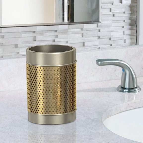 Stainless Steel Bathroom Tumbler Cup | Decorative Rinse Cup | Toothbrush & Makeup Brush Holder for Vanity Countertops,Sink & Desk | Pewter & Gold Finish