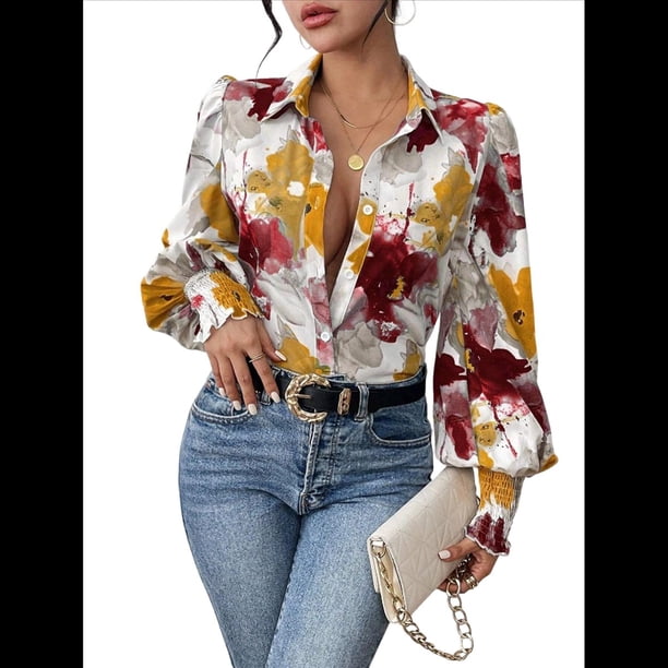 Camisas de Estilo Bohemio con Cuello en V, Botones y Mangas Largas con Estampado Floral para Mujer, para Otoño. Rojo y Amarillo S
