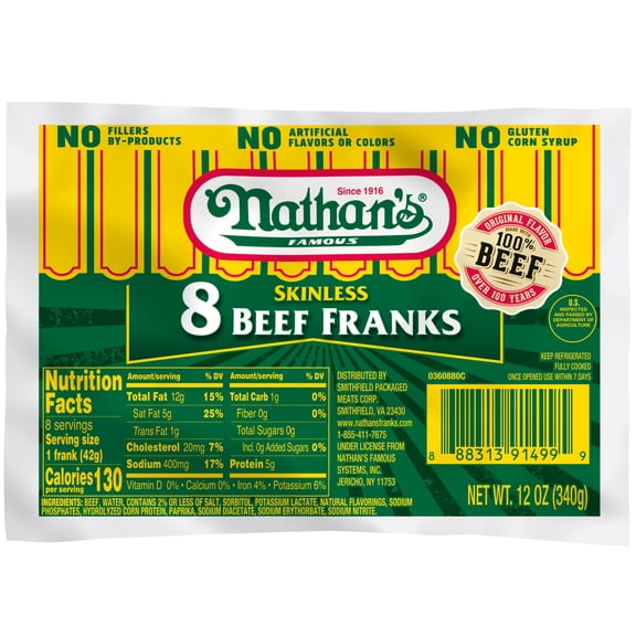 Nathan's Famous Skinless Beef Hot Dogs, 12 oz