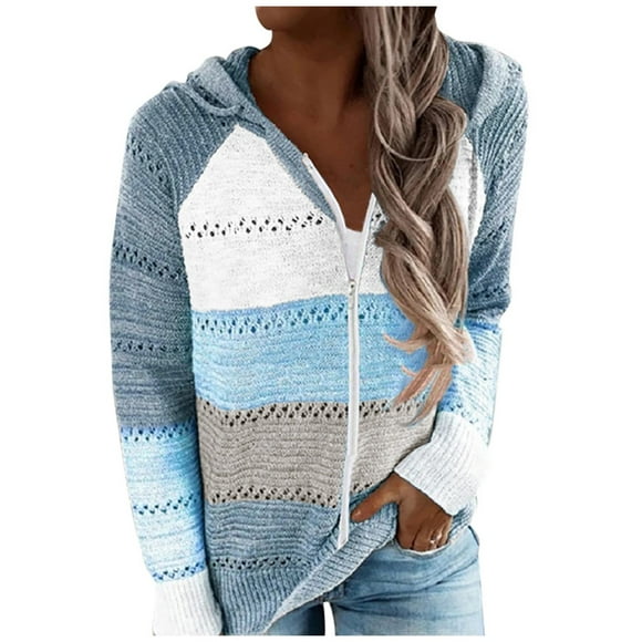 Fashion Women Casual Patchwork Duster Sweater Cardigan Long Sleeves Hooded Sweater Cropped Cardigans for Women Cardigan Blouse Tops
