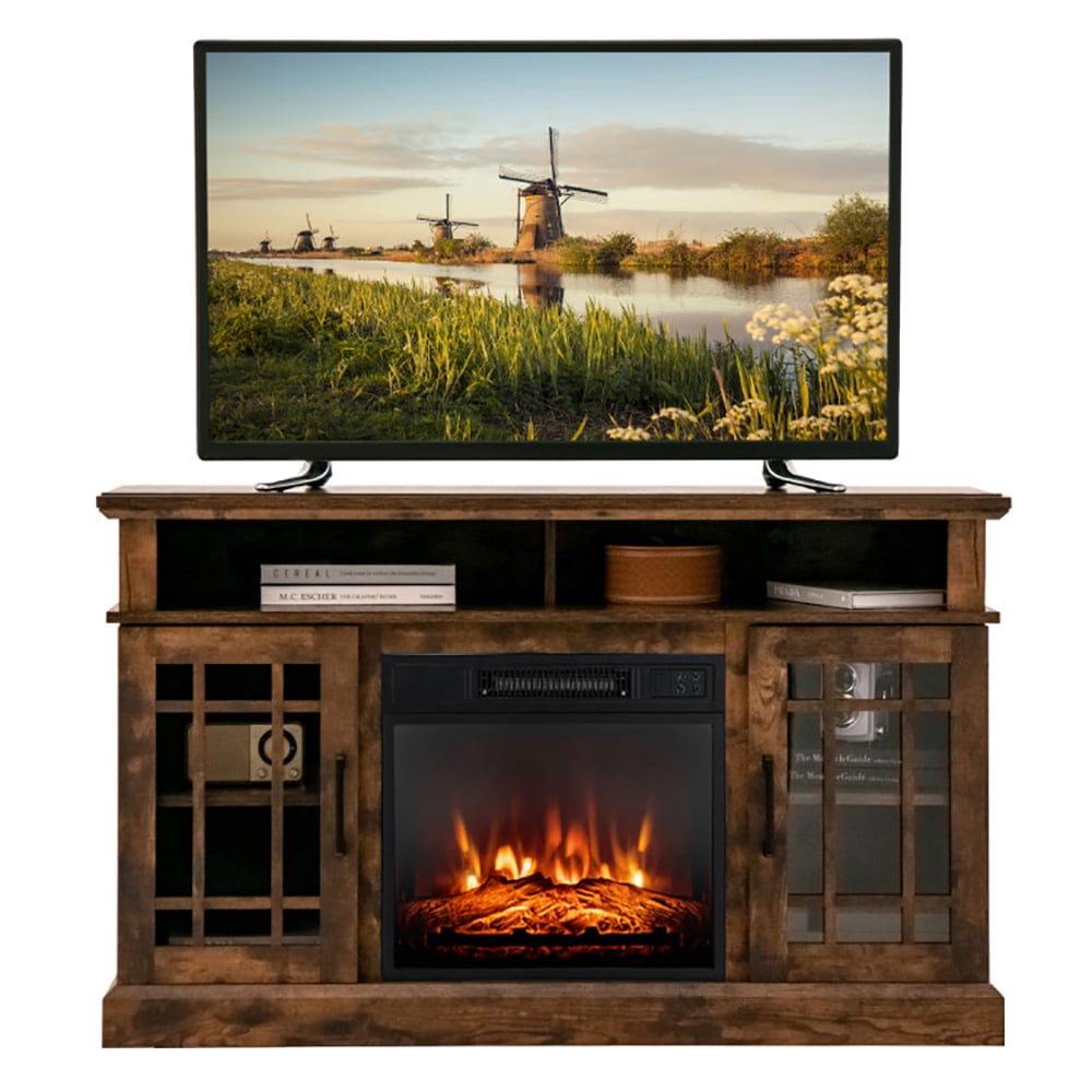 YYAo TV Stand, Television Console Table,Entertainment Center,48 Inch Electric Fireplace TV Stand with Cabinets for TVs Up to 55 Inch-Brown