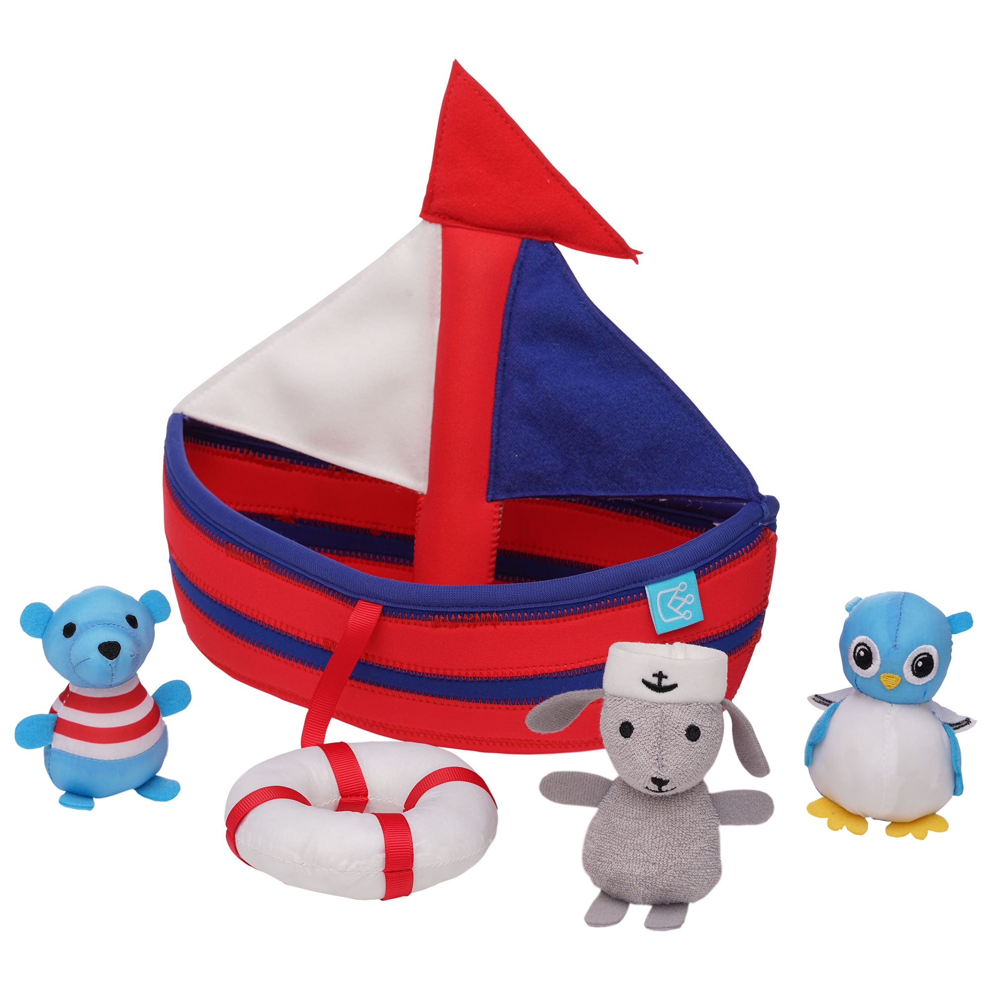 Manhattan Toy Neoprene Sailboat 4 Piece Floating Spill n Fill Bath Toy with Quick Dry Sponges and Squirt Toy