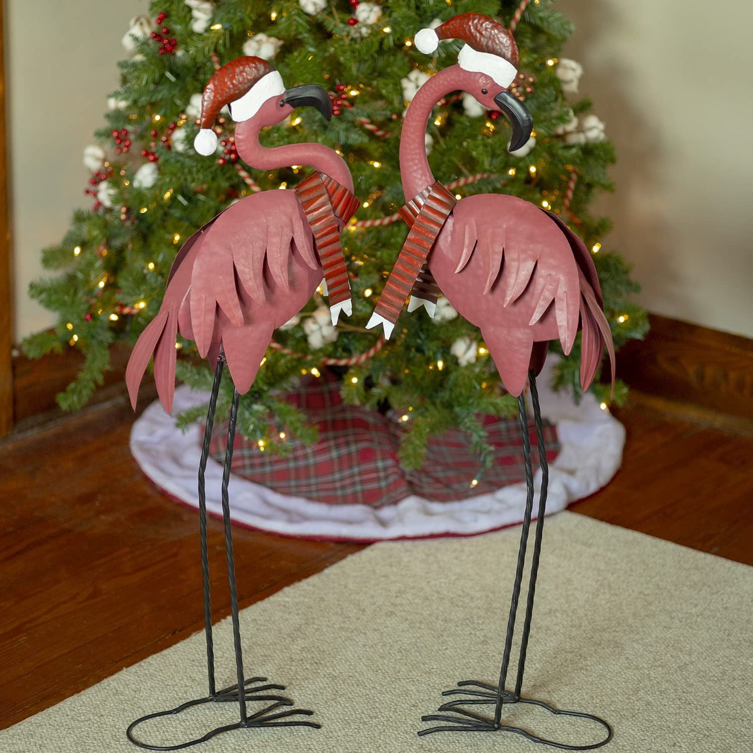 Set of 2 Metal Pink Flamingos with Christmas Hats and Scarves ...