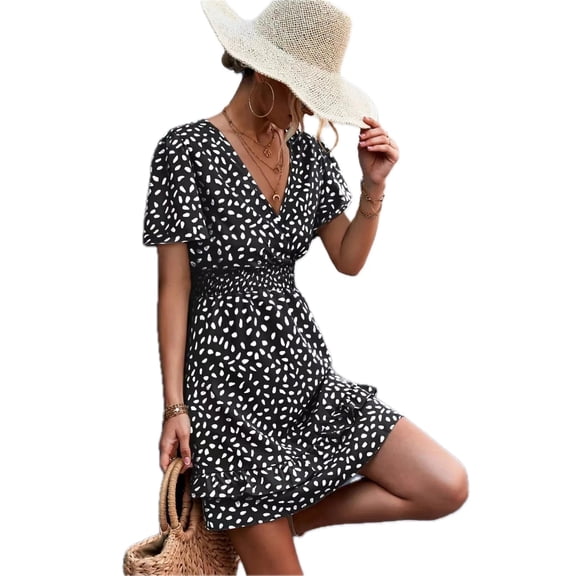 Women's V-Neck Flutter Sleeve Mini Dress with Ruffle Trim and Smocked Bodice Polyester 100% Lightweight Everyday Dress