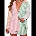 thumbnail image 3 of Conjunto Deportivo Informal de 2 Piezas para Mujer: Camisa de Larga A Rayas y Mini Shorts Holgados de Cintura Alta Rosa Verde S, 3 of 10