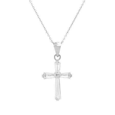 - Cubic Zirconia Baguette Cross Necklace in Sterling Silver