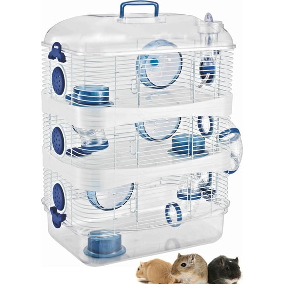 Blue Acrylic Clear Expansible and Customizable 3-Solid Story Acrylic Clear Hamster Home Habitat Mouse Home House Cage For Rodent Gerbil Mice Rat With Accessories