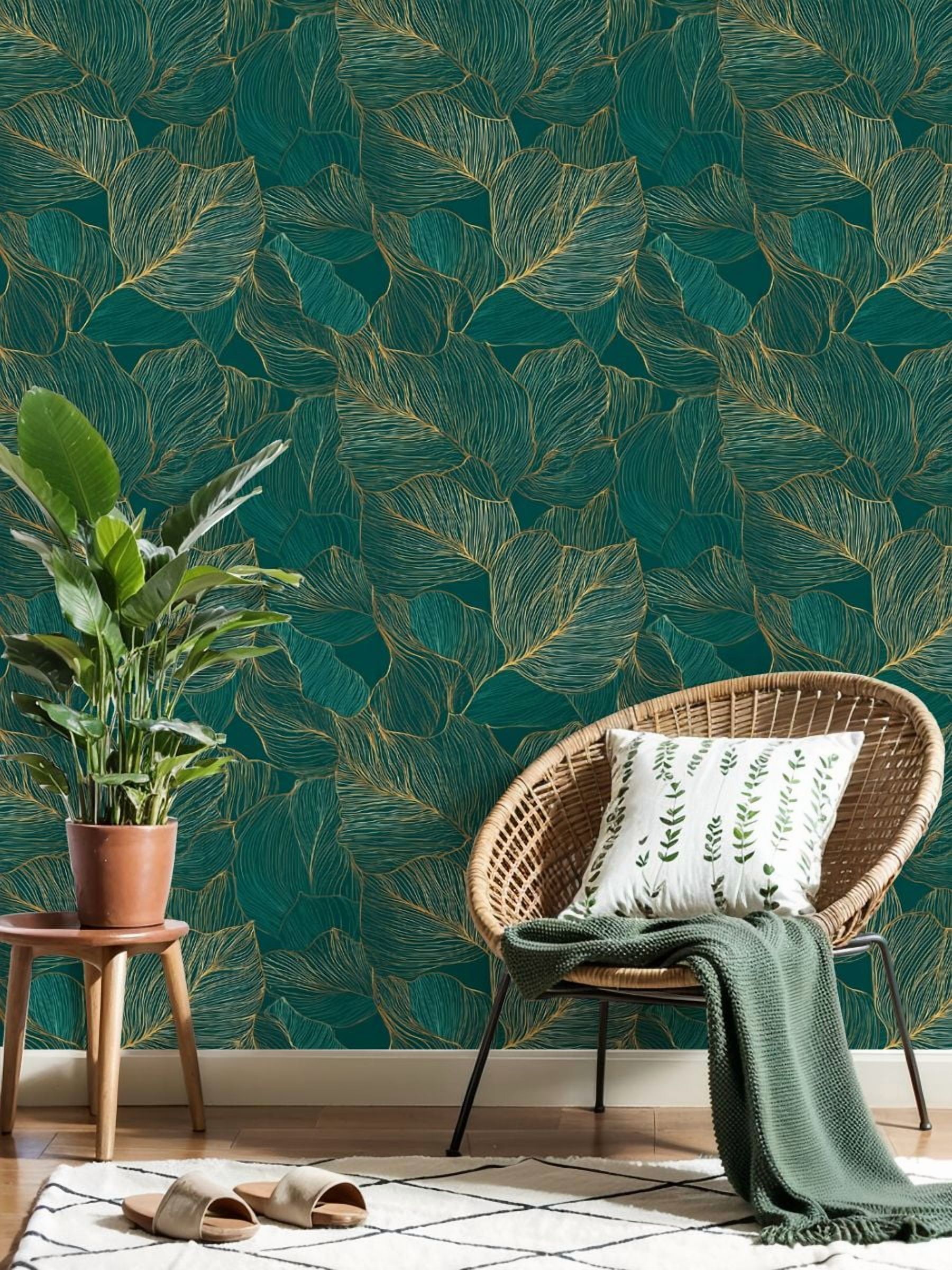 Peel and Stick Wallpaper 17.7in x 9.8ft Abstract Botanical Delicate Golden Leaf Lines Dark Green Contact Paper Vinyl Self-Adhesive Removable Wall Paper for Bedroom DIY Home Decor Renter Friendly
