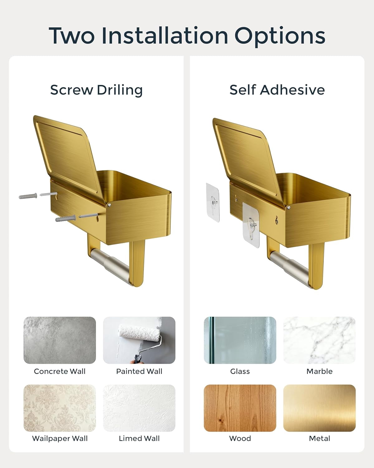 EP Toilet Paper Holder with Shelf, Wipes Holder for Bathroom, Flushable Wipes Dispenser, Stainless Steel Toilet Paper Roll Holder with Storage for Wet Wipes Wall Mounted (Gold, Regular Roll)
