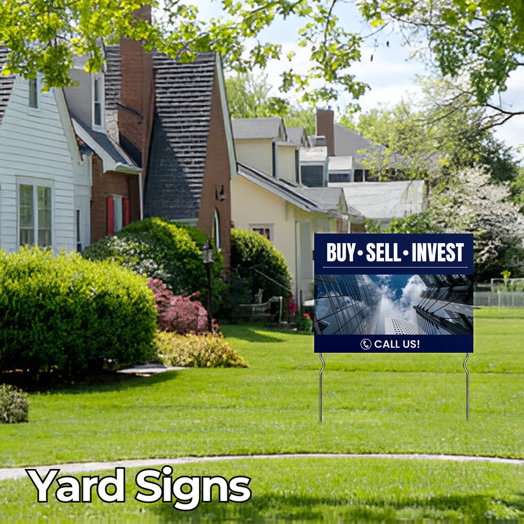 Buy • Sell • Invest - Call Us! Yard Sign by DC | 24"x18" Double Sided Real Estate Garden Sign with 13” Metal Stakes | Outdoor Signs Waterproof for Lawn, Patio, Sidewalk & House | Set of 4