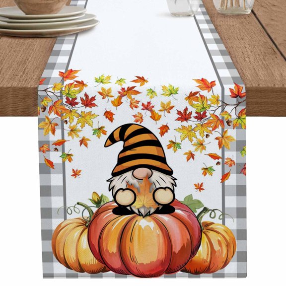 nqOlkjepod Thanksgiving Table Runner 60 Inches Long Farmhouse Dress Scarves, Fall Gray Plaid Pumpkins Gnomes Leaves Retro Dining Tablerunner for Coffee Table/Kitchen Island/Party Décor, 13" x 60"