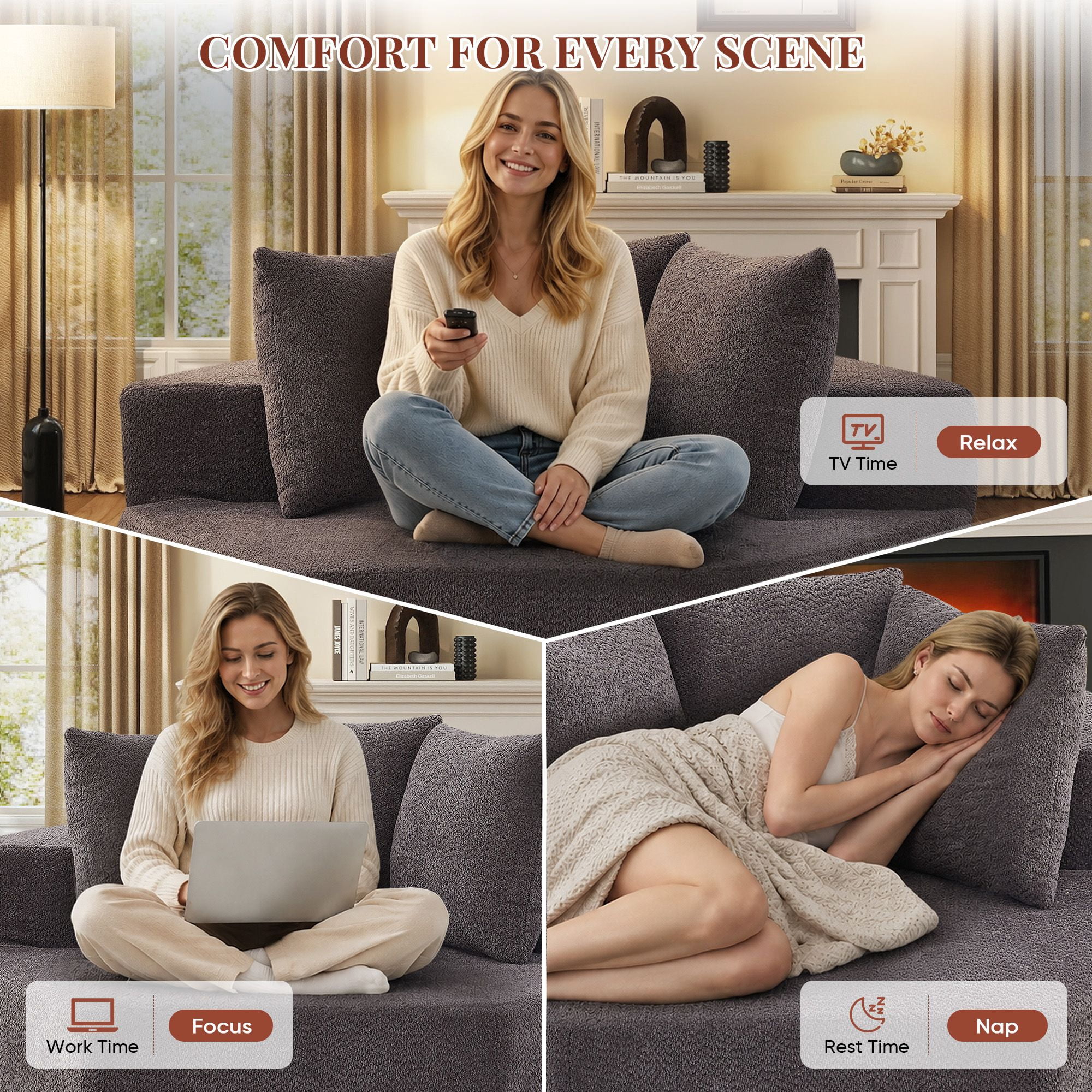 Lunale Oversized Boneless Chaise Lounge Chair Indoor, Round Cloud Couch, Accent Reading Chair for Living Room, Bedroom, Gray Chenille
