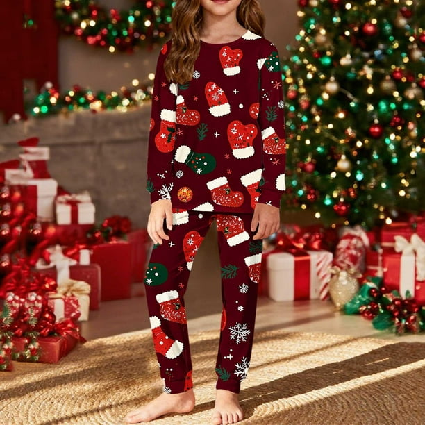 Conjuntos de blusas y camisas de cuello redondo y manga larga con estampado navideño para niños Camisa de manga larga con cuello redondo y cintura elástica Pantalones largos Conjunto de traje de casa