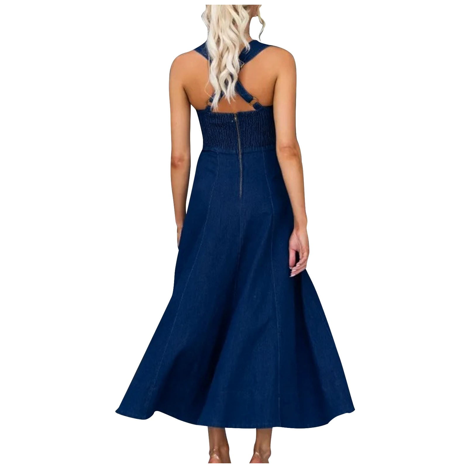 NSLGXD Women's 2025 Sleeveless Denim Dress Back Smocked Criss Cross  Adjustable Strap Maxi Dress Slim Fit A Line Jean Dresses - Walmart.com