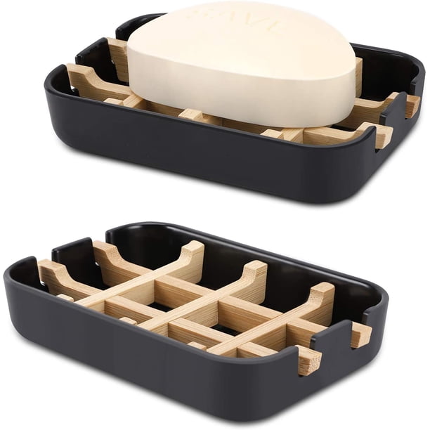 Jaboneras de madera de bambú para ducha con drenaje para baño, jabonera, soporte para jabón, bandeja para lavabo, bañera y ducha (una pieza negra)