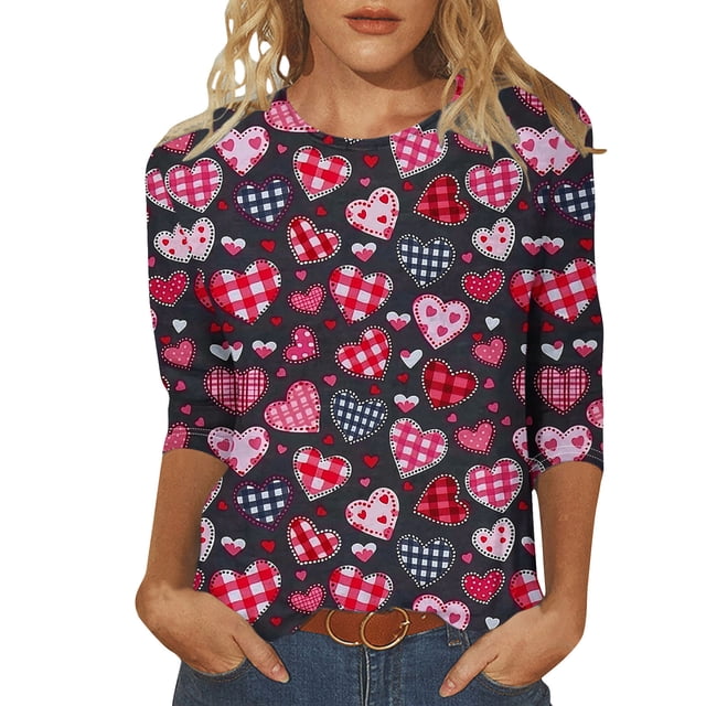 Penkiiy T-Shirts de la Saint-Valentin pour Femmes Col Rond Manches 3/4 T-Shirt Ample Hauts Blouses Chemises L Multicolore