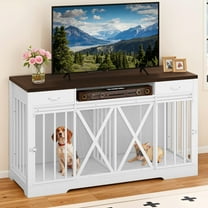Uforic 63" Dog Crate Furniture with 2 Drawers,TV Stand with Charging Station 63" Large Wooden Indoor Dog Kennel - White