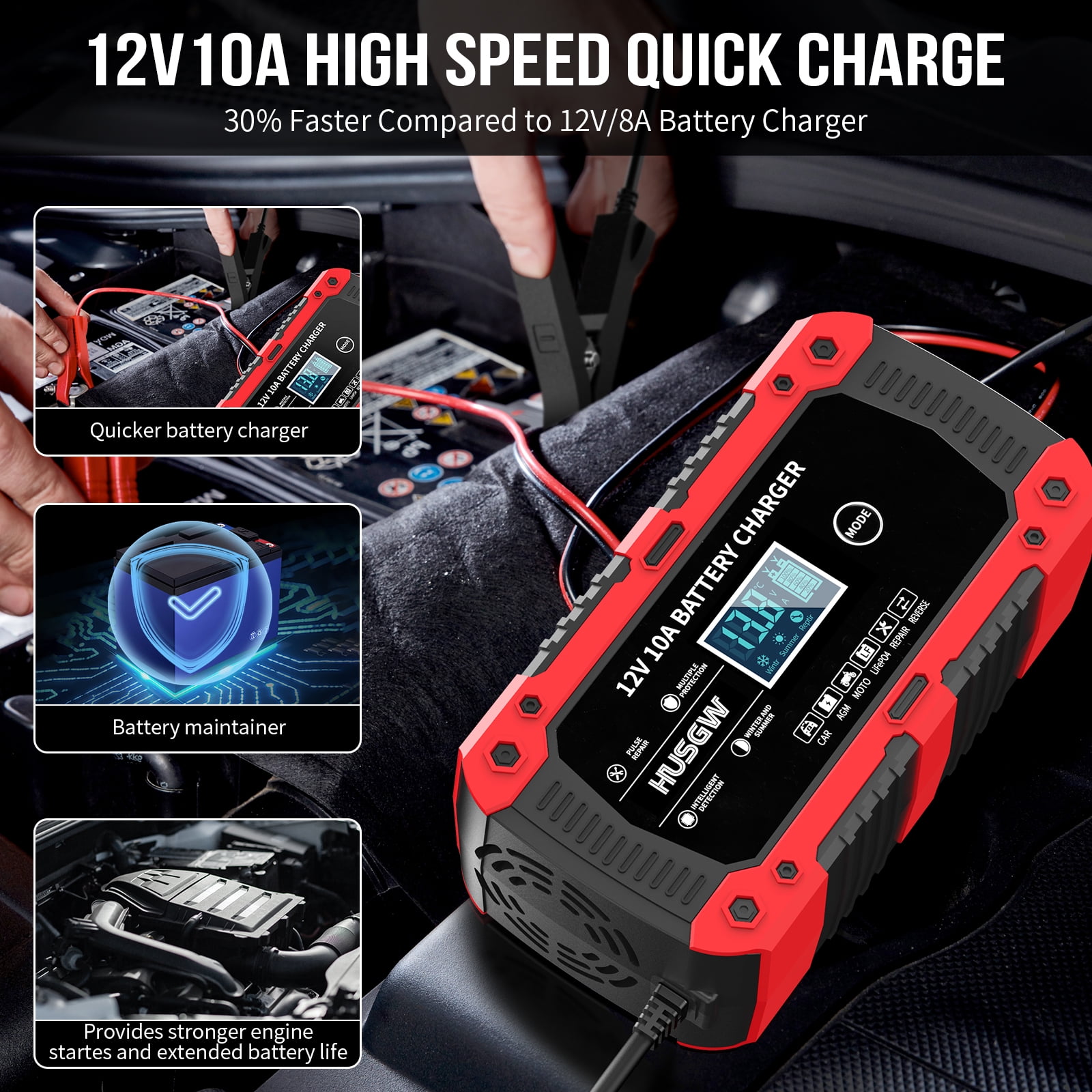 HUSGW Battery Charger 10-Amp 12V Fully-Automatic Smart Car Battery Charger, Battery Maintainer Trickle Charger, Compatible with Lead-Acid & LiFePO4  Iron Batteries，AGM, STD, Gel, Deep Cycle Batteries
