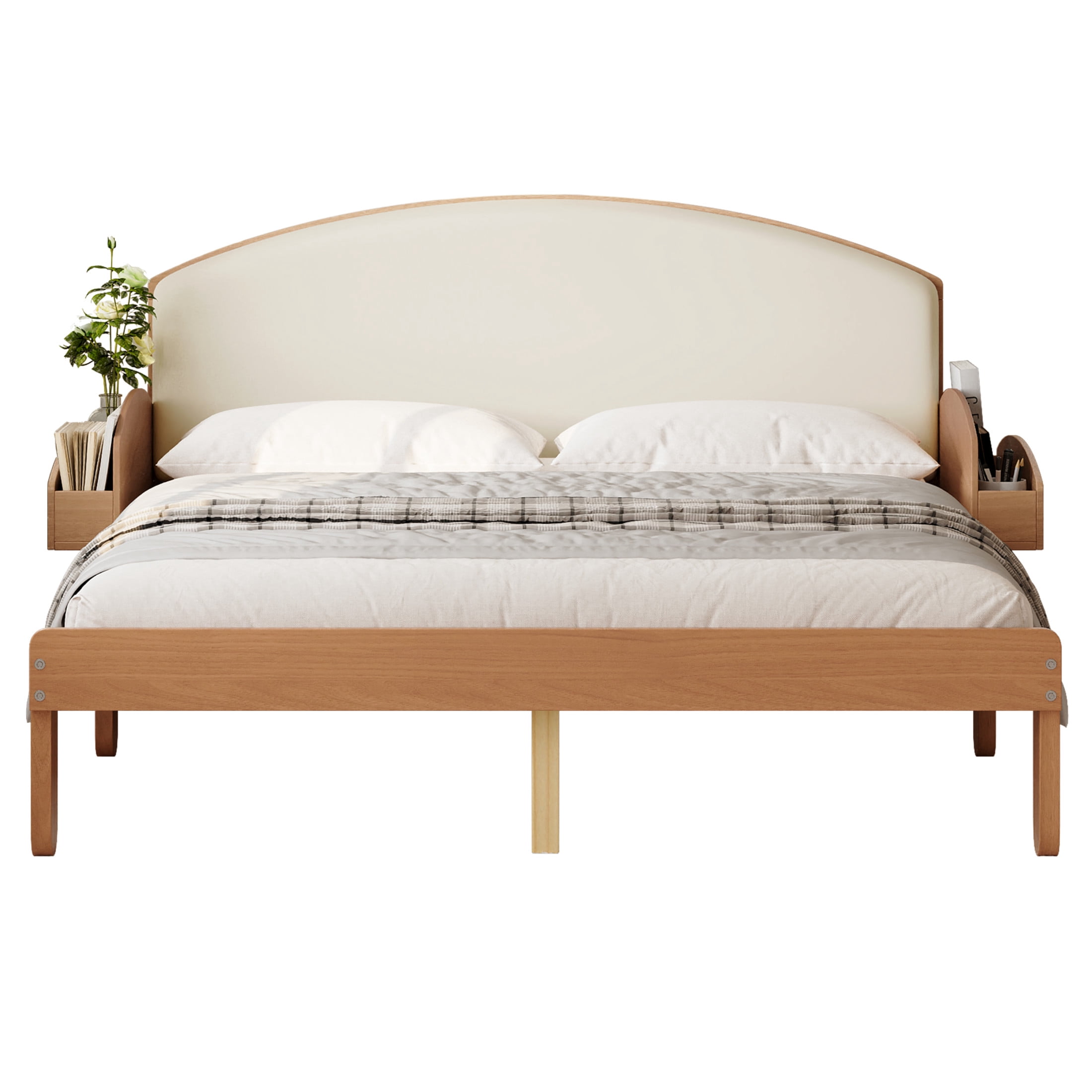 Noble House Full Size Platform Bed with Curved Padded Headboard, Side Storage Shelves, Light Walnut
