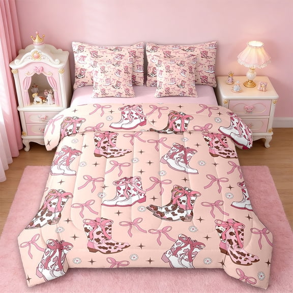 Erosebridal Cute Bowknot Bedding Twin Size,Farmhouse Cowgirl Boots Comforter Sets with Sheets,Chic Botanical Flower Daisy Bedding Sets Twin Size,Ultra Soft Bedroom Decorative Reversible,7pcs