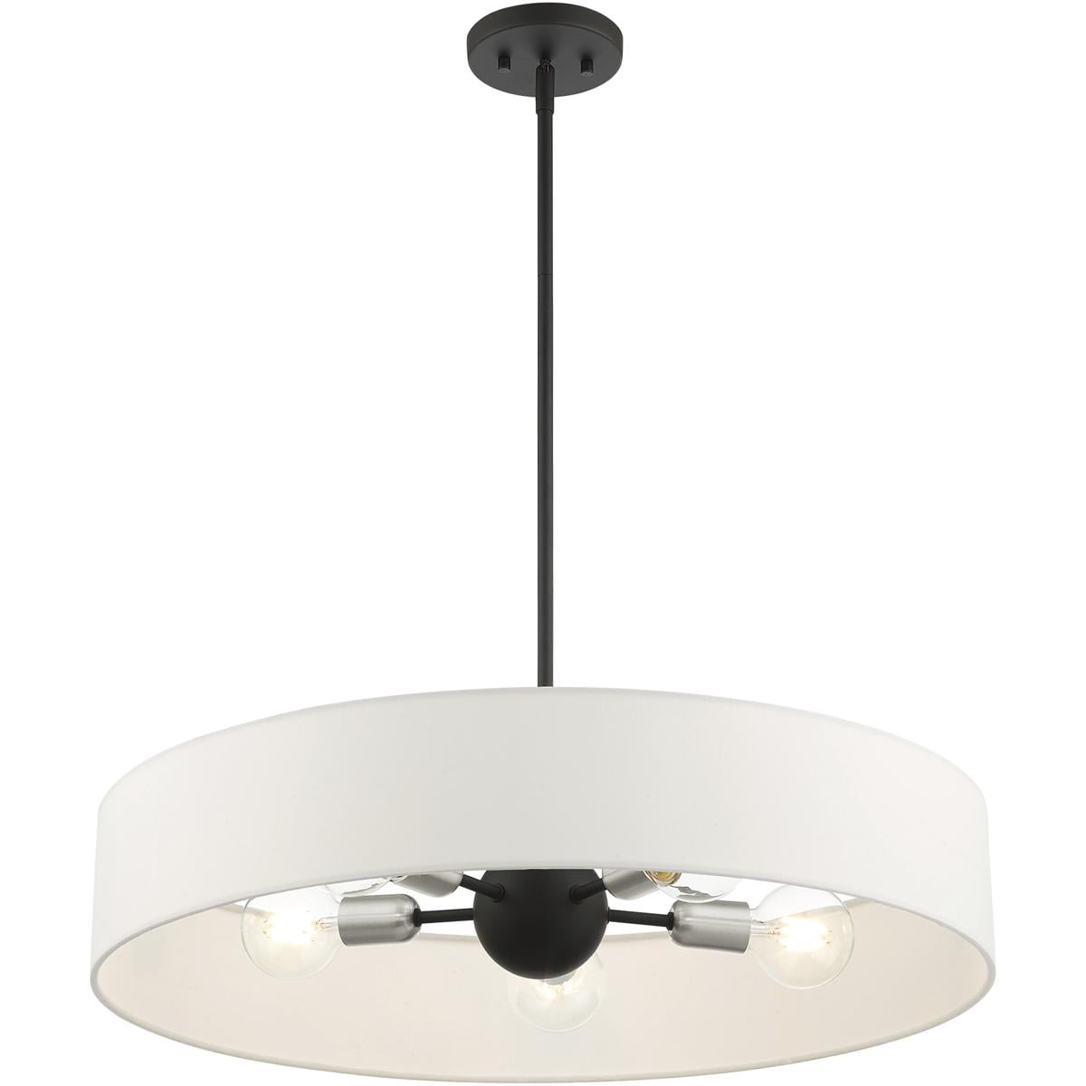 5 Light Black Chandelier with Hand Crafted Off White Fabric Hardback Shade