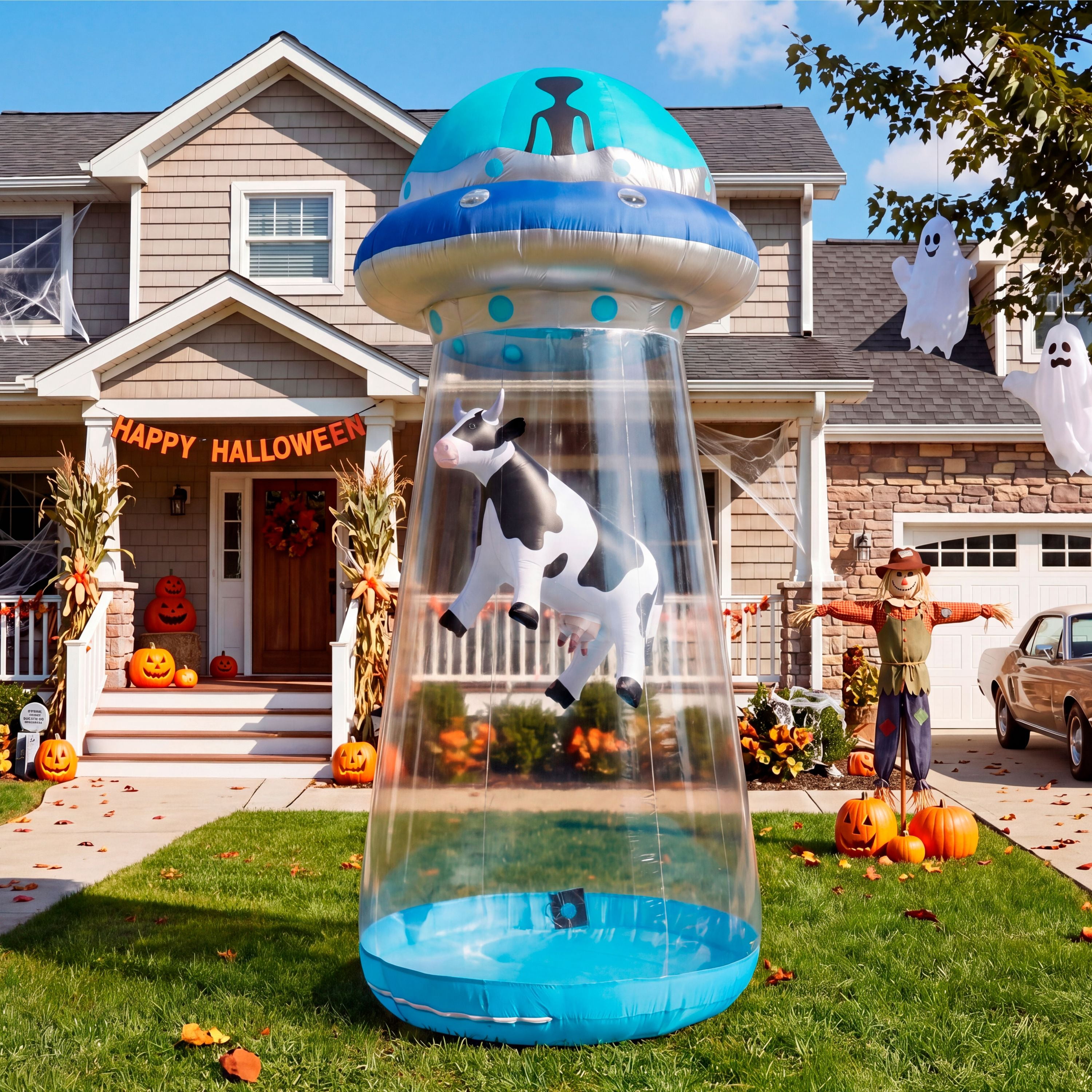 Joyfy 9 FT Tall Halloween Inflatable UFO Decoration,Blow Up Blue Flat Rim UFO with Built-in Color Changing LEDs for Halloween Outdoor Yard Garden Lawn(Cow Not Included)