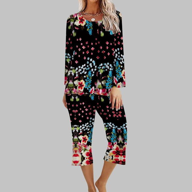 Ensemble Deux Pièces Grande Taille pour Femmes 2 Pcs Pyjama Confortable à Manches Longues Col Rond Ensemble de Sport Manches 3/4 en Solde