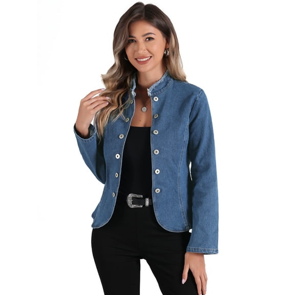 DARING DIVA Women's Button Down Stand Collar Denim Blazer XS Blue