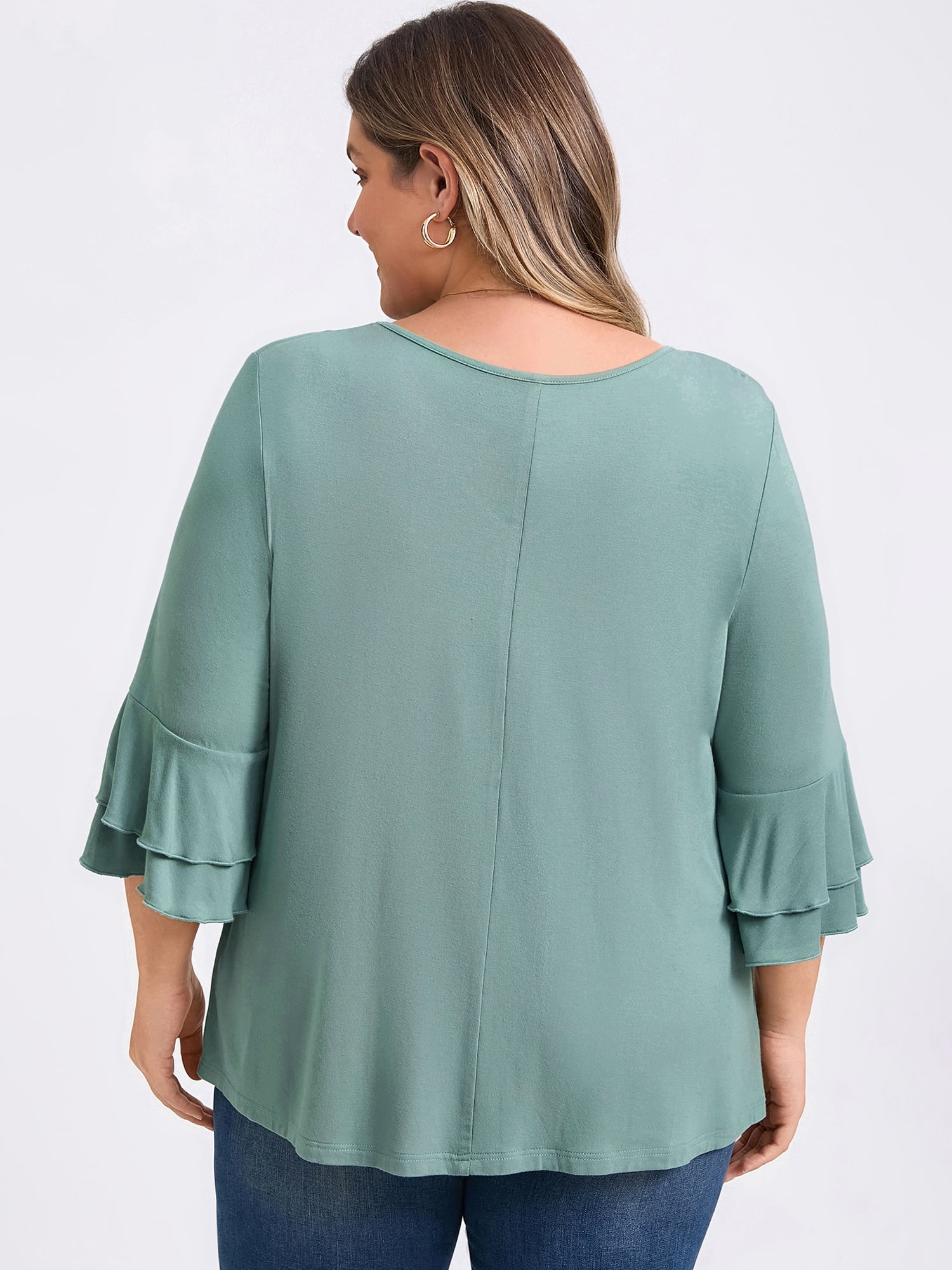 DARING DIVA Women's Plus V Neck Ruffle 3/4 Sleeve Pleated Front Casual Blouse 3X Green