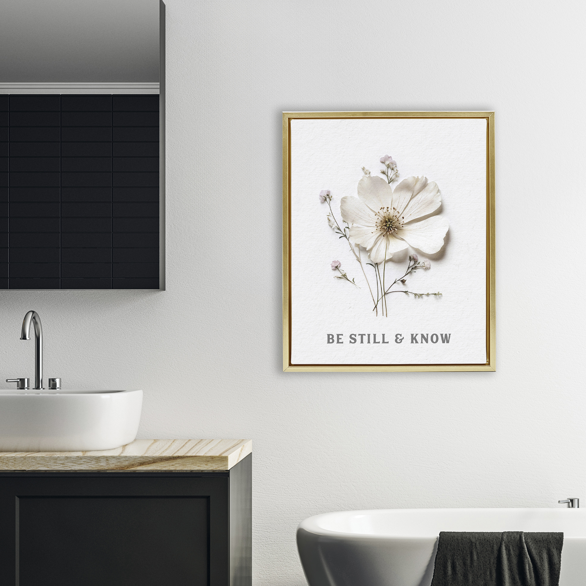 Be Still & Know Pressed Flowers Gold Framed Floater Canvas Wall Art, design by Lettered and Lined