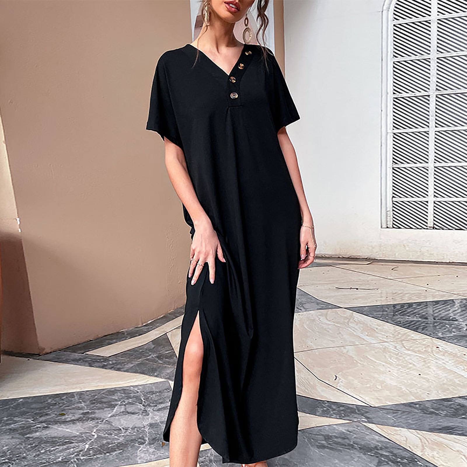 indgang Udløbet indhold Shirt Dresses for Women V Neck Short Sleeve Solid Maxi Dress Button Side  Slit Casual Loose Summer Flowy Long Dress - Walmart.com