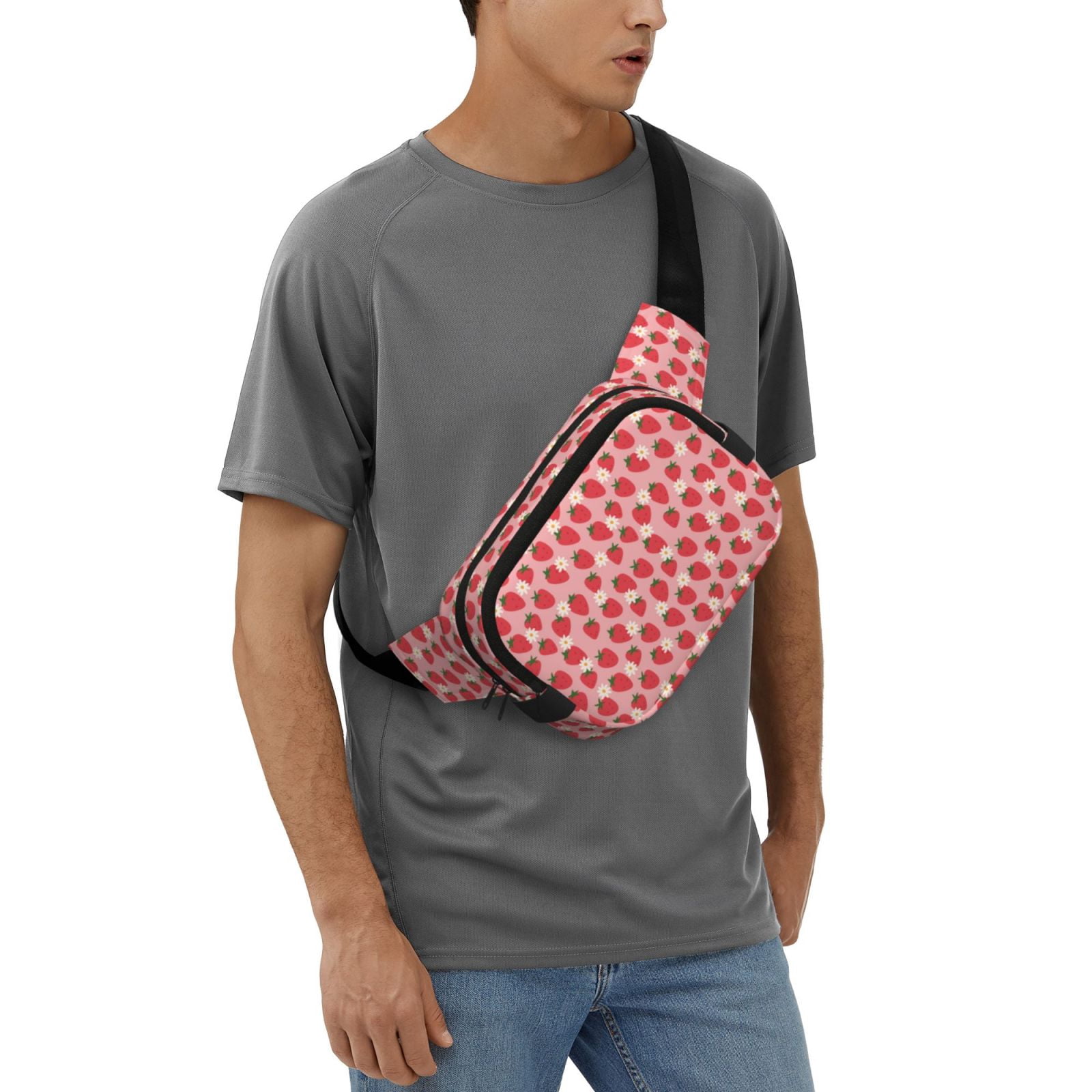 Picia Strawberry And Flowers Print Square Double-Layer Waist Bag Mini Adjustable Waist Belt Bag Exercise Running Travel Hiking