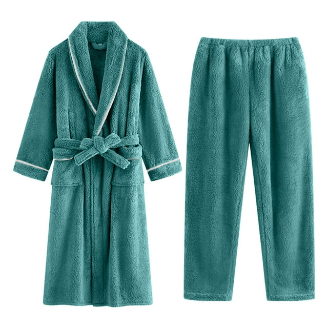 hoksml Ensemble de Robe d'Hiver en Molleton pour Hommes et Pantalon de Pyjama Manches Longues Longue Robe en Peluche Col à Revers Ensemble de Vêtements de Nuit Chauds 2 Pcs