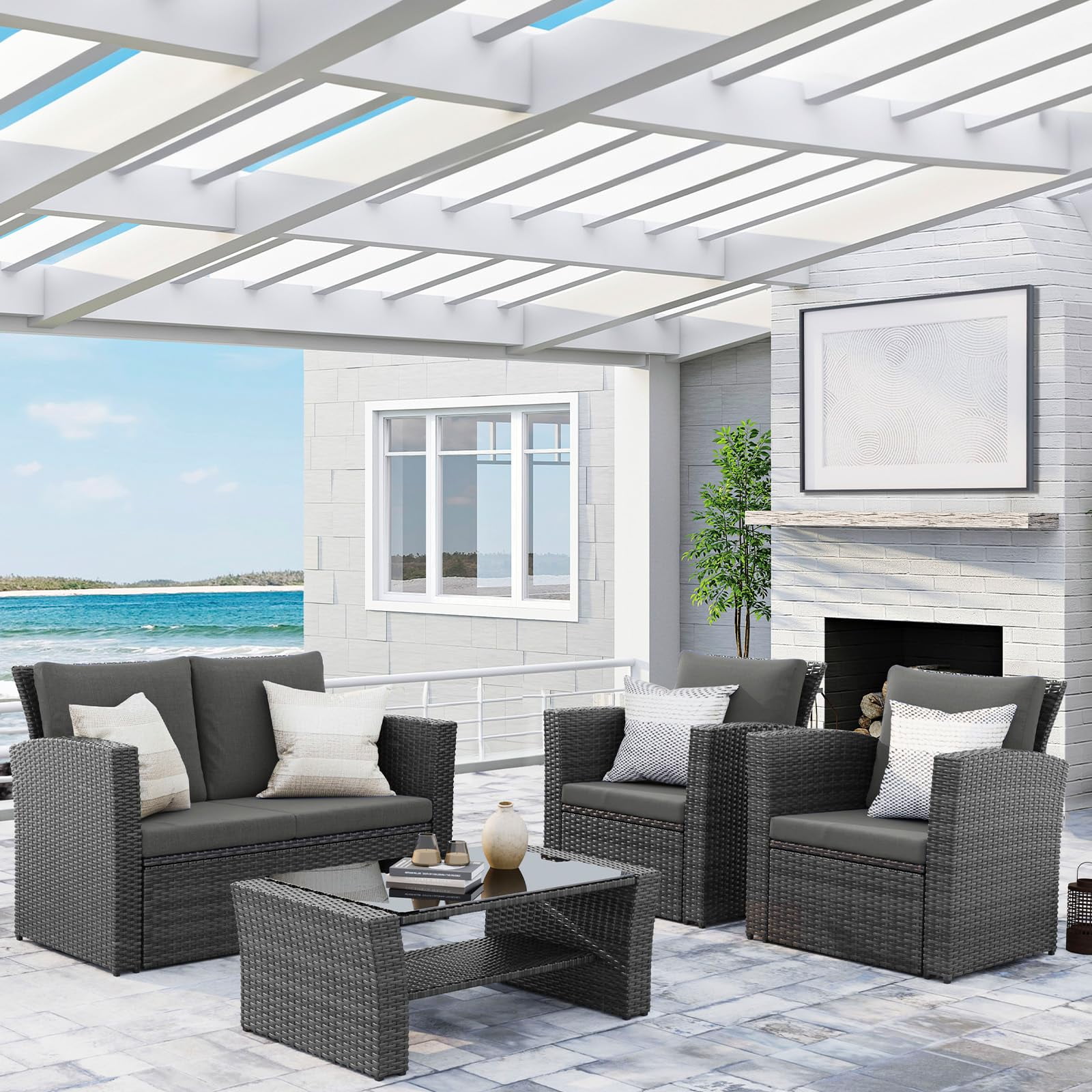 RoyalCraft 4 Piece Outdoor Patio Furniture Sets, Wicker Conversation Set for Porch Deck, Grey Rattan Sofa Chair with Cushion