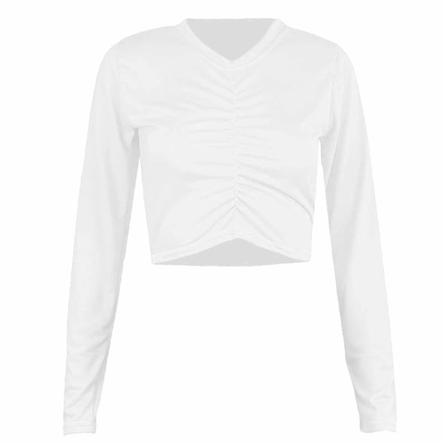 AherBiu T-Shirts Courts à Manches Longues pour Femmes, Amples et Confortables, Col en V, Décontractés, Froncés, Hauts de Sortie