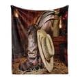 thumbnail image 1 of Western Soft Flannel Fleece Throw Blanket, American West Rodeo Elements with Antique Supplies Retro Artwork Photo, Cozy Plush for Indoor and Outdoor Use, 50" x 70", Brown Beige, by Ambesonne, 1 of 6