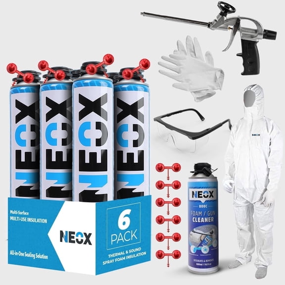 Neox Spray Foam Insulation Kit - Closed Cell, 6 x 29.6 Oz Cans, Covers 120 Sq.Ft. - High-Density Polyurethane Foam with Nozzle, Gun, Cleaner, Gloves, Goggles, Body Suit - All-in-One Sealing Solution