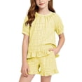 thumbnail image 2 of Vornjynx Kids Girls Outfit Sets Puff Sleeve Tops and Ruffle Hem Shorts Plaid Print 2026 Summer Comfort Clothes 2 Piece Yellow Size 2-3T, 2 of 9