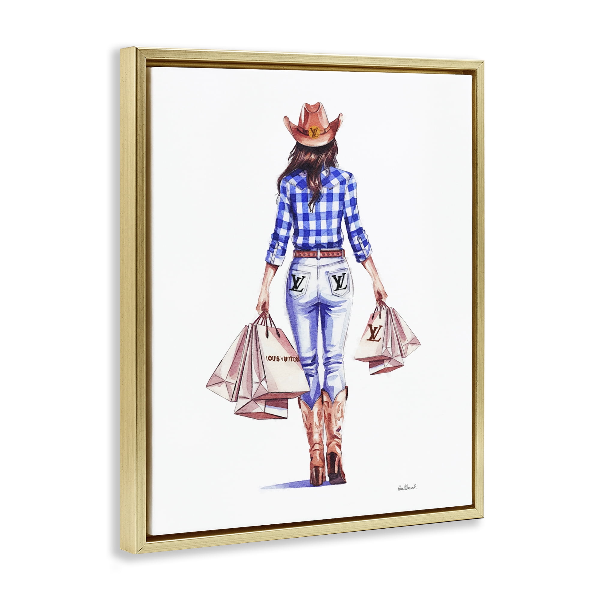 Stupell Industries Trendy Shopping Cowgirl People Painting Gold Floater Framed Canvas Art Print Wall Art, 17 x 21