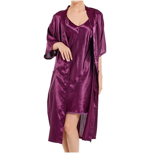 Timegard Ensembles de Pyjamas 2 Pcs pour Femmes, Peignoir à Manches 1/2 Ouvert à l'Avant, Robe de Maison Courte à Bretelles à Col en V, Ensembles de Détente