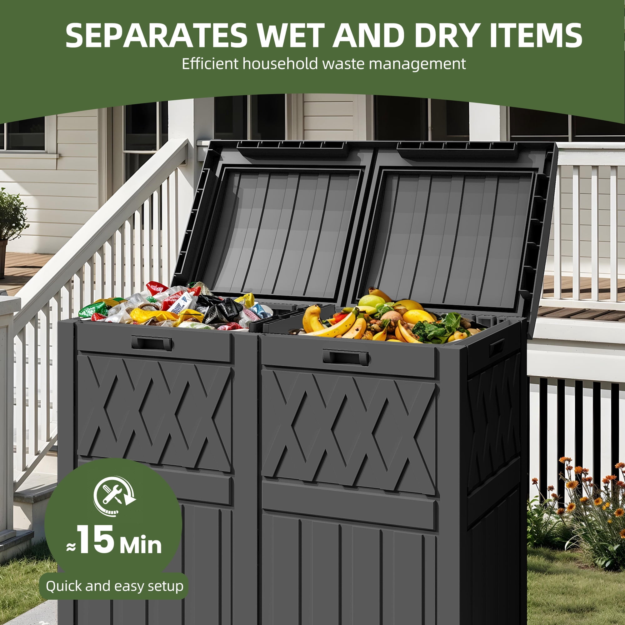 Uforic 66 Gallon Double Compartment Outdoor Trash Can, Waterproof Resin with Lid & Drip Tray, Black