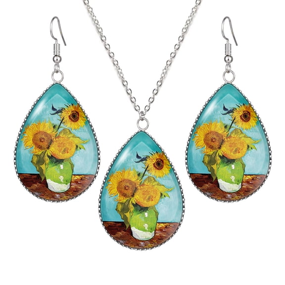 WIRESTER Stainless Steel Sunflowers Blue By Van Gogh Teardrop-Shaped Earring Necklace Jewelry Set for Women Valentines Day Gifts