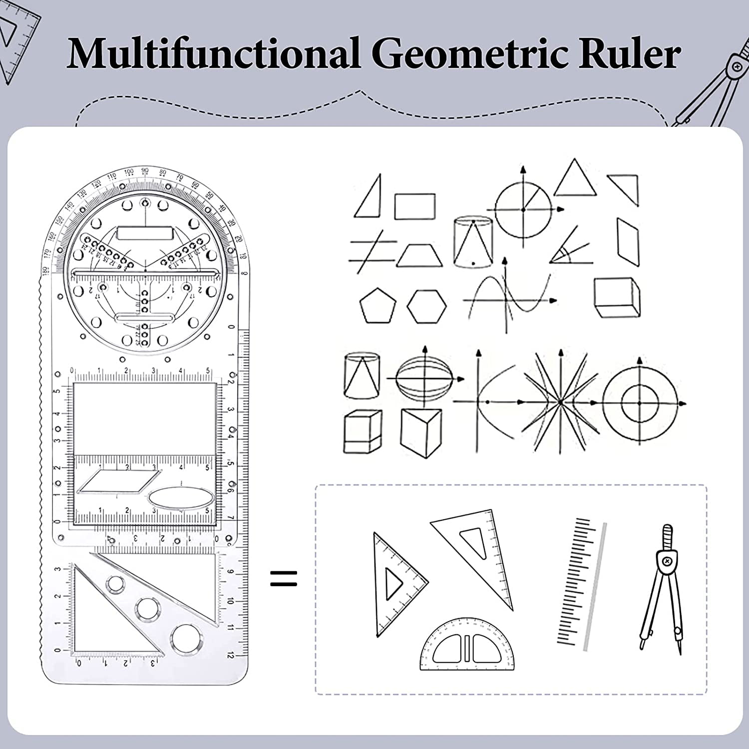 FYY Multifunctional Geometric Ruler, 2 Pcs Geometric Drawing Template  Measuring Tool Plastic Mathematics Drawing Ruler, Draft Rulers for Student