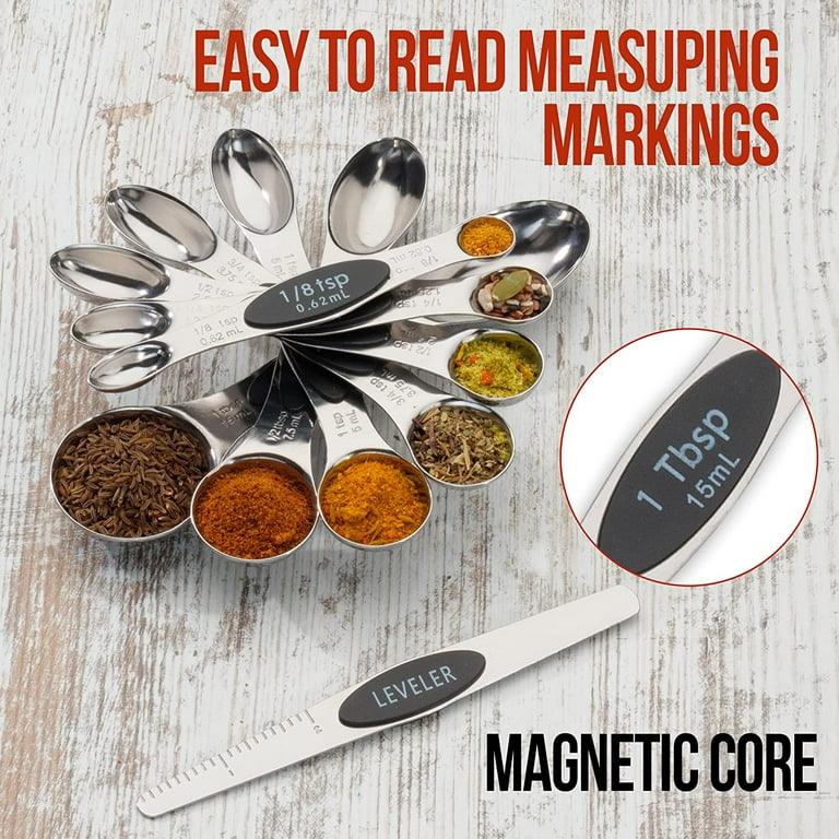 TILUCK Magnetic Measuring Spoons Set, Stainless Steel Dual Sided Spoons Set  of 8, Stackable Teaspoon Tablespoon