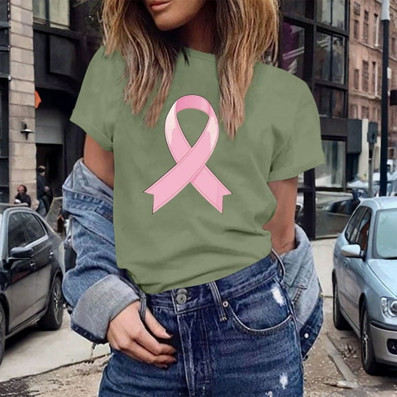 TYGHBN Women's Casual T Shirts with Cancer Awareness Ribbon Print Short Sleeve Round Neck Basic Style for Everyday Wear Athletic Top Women Long Sleeve Tall Shirt Women Solid Womens Shirts Stripe Tee