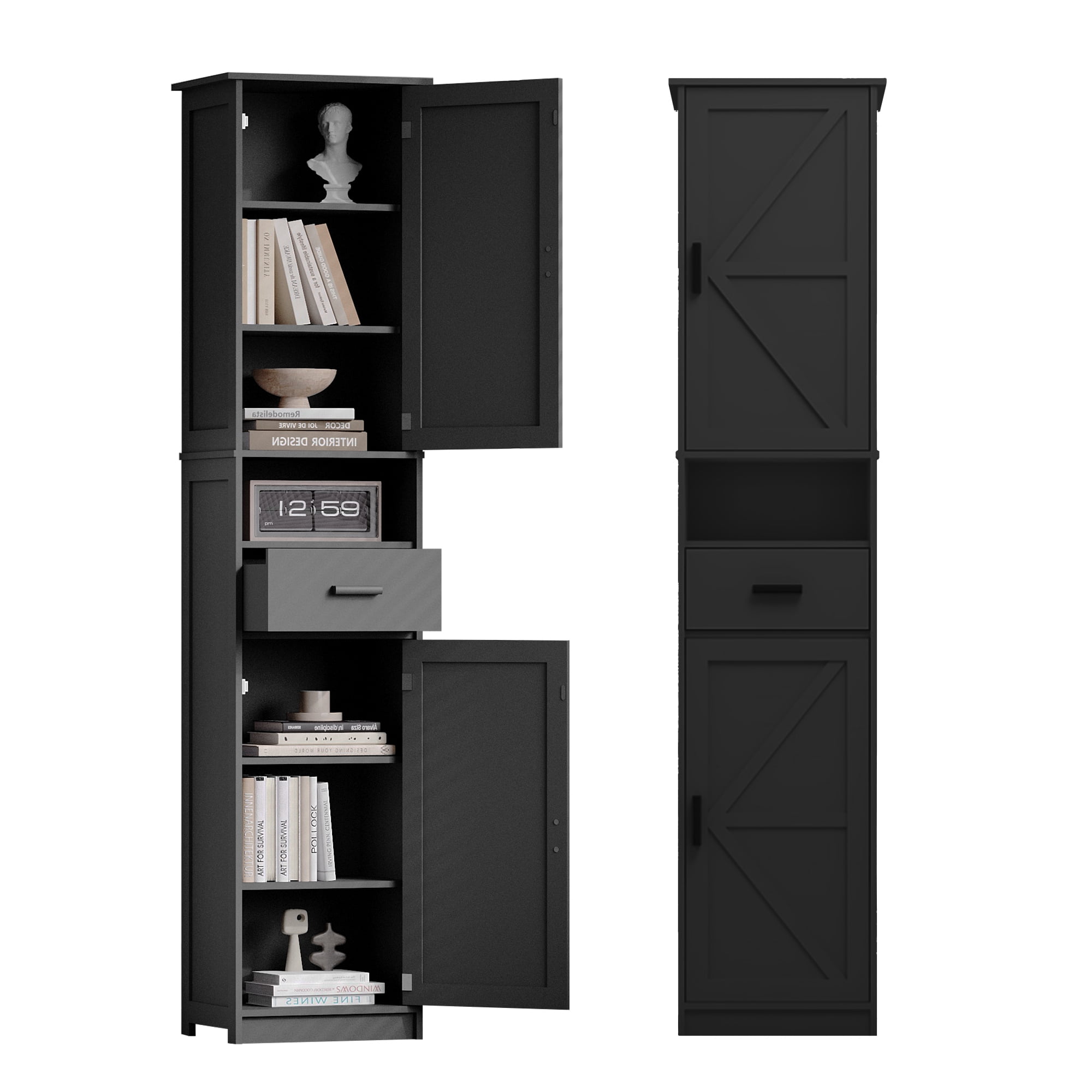 GARITIN 69 Inch Tall Bathroom Storage Cabinet with 2 Barn Doors & 1 Drawer, Narrow Storage Unit with Adjustable Shelves for Bathroom Living Room Entryway, Black